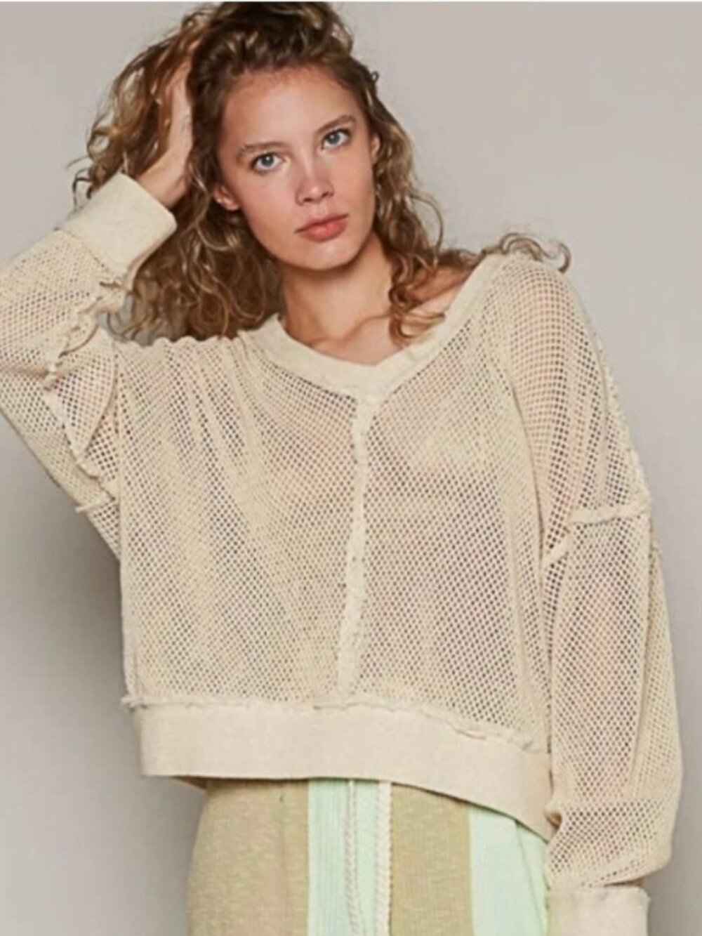 POL Anthro Cotton Woven Raw Seams OVERSIZED V-neck Tan SWEATER
